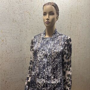 Simply Vera Wang Dark Blue & White Floral Blouse, with semi-sheer long sleeves
